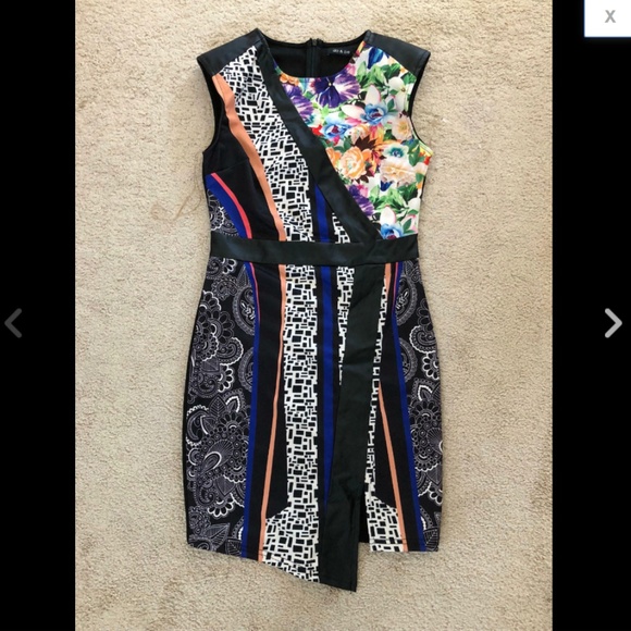 Faux Leather Trim Floral Asymmetric Slit Dress M - Picture 1 of 2